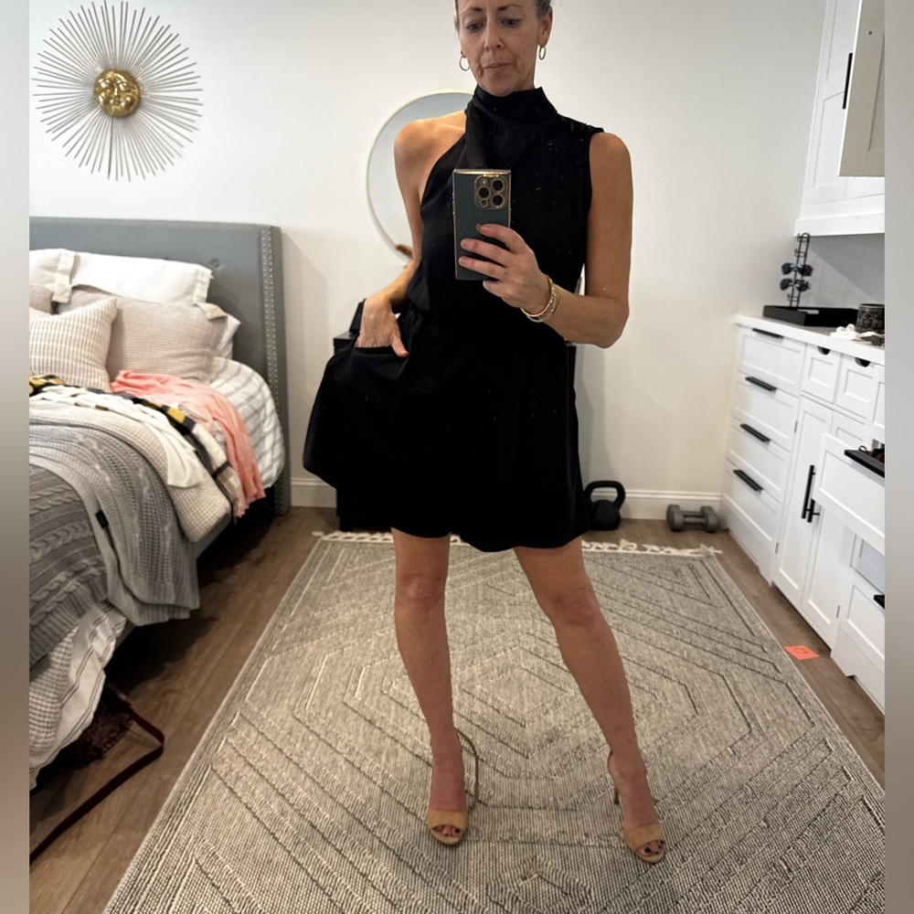Fancy high neck satin poly Black Women's Romper with pockets